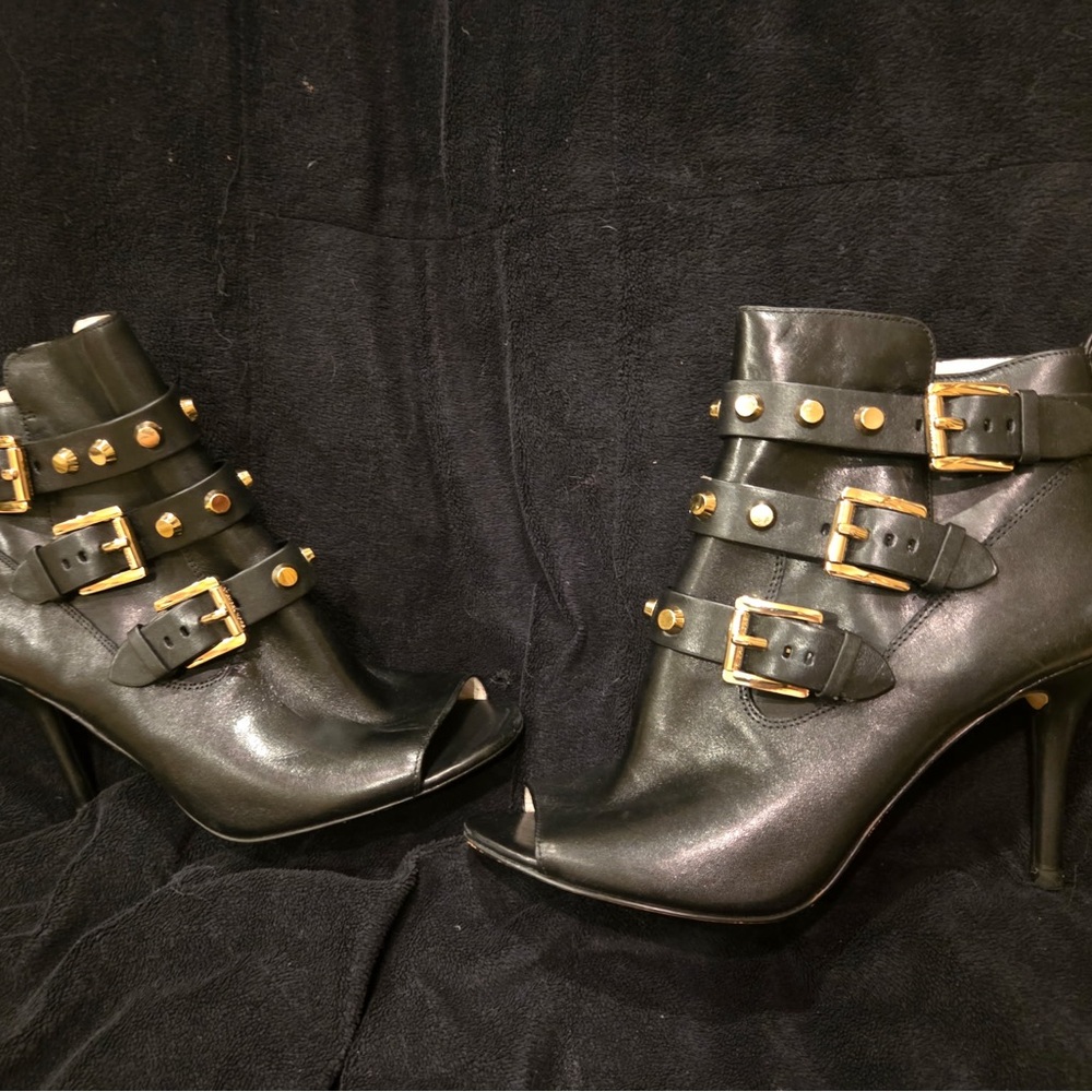 Michael Kors Black Leather Buckle Peep-Toe Ankle Boots-Stiletto Heel
